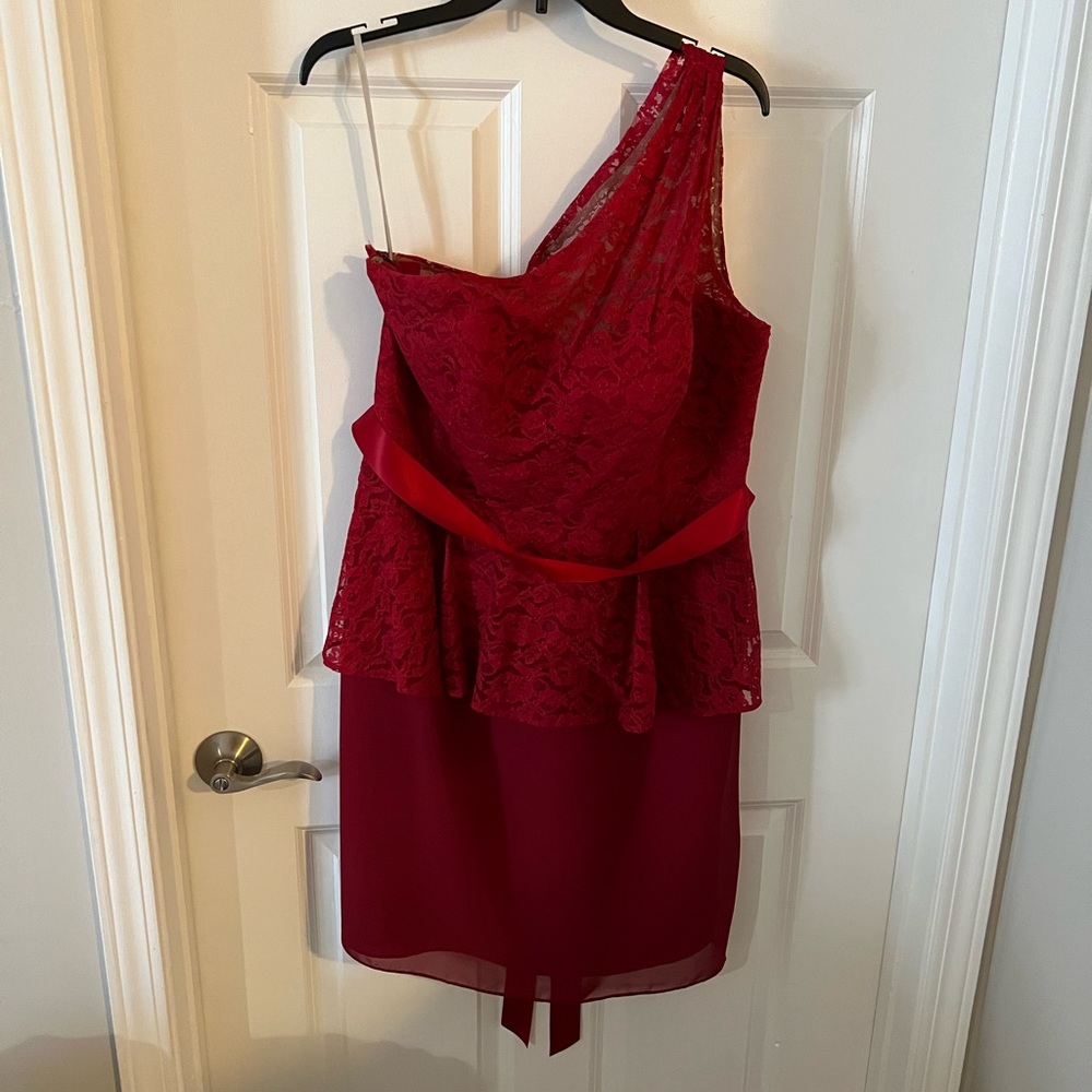 Deep Red WTOO Short Lace One Shoulder Bridesmaid’s Dress. Size 18.